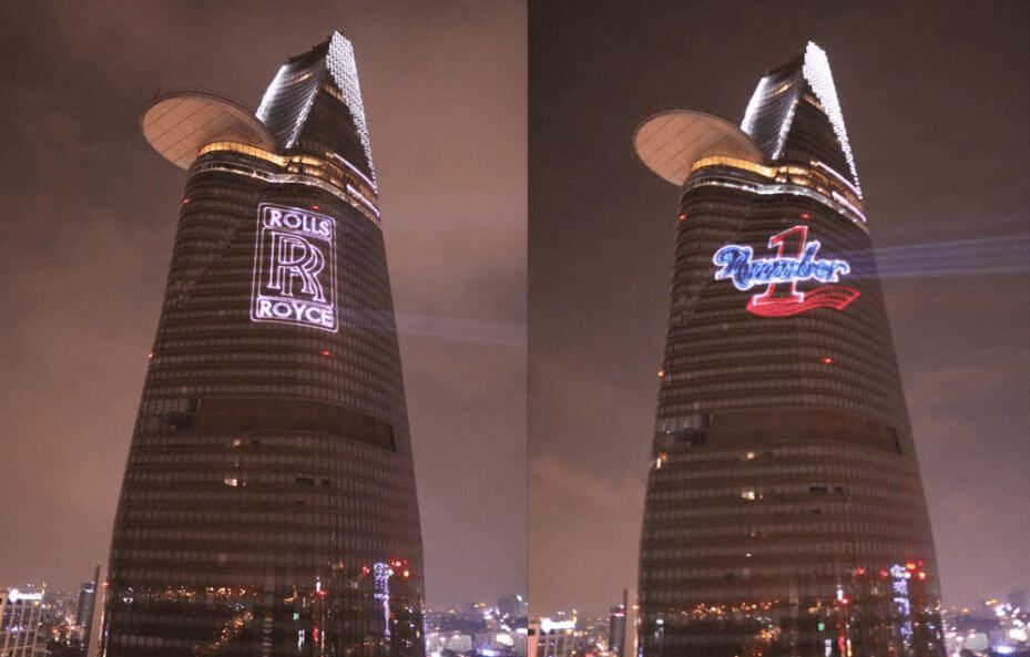 Europe Évènement - Logo projection and writing - Photo of two towers in Ho Chi Minh with two brand logos projected onto each one